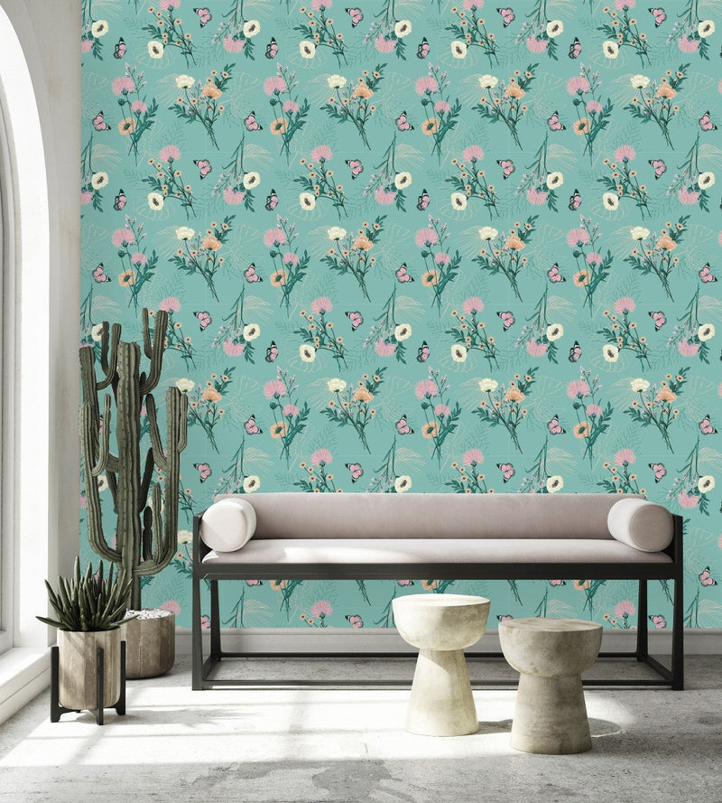 Light Green Wallpaper with Flowers