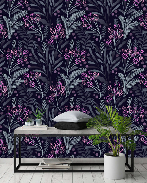 Dark Berries and Leaves Wallpaper