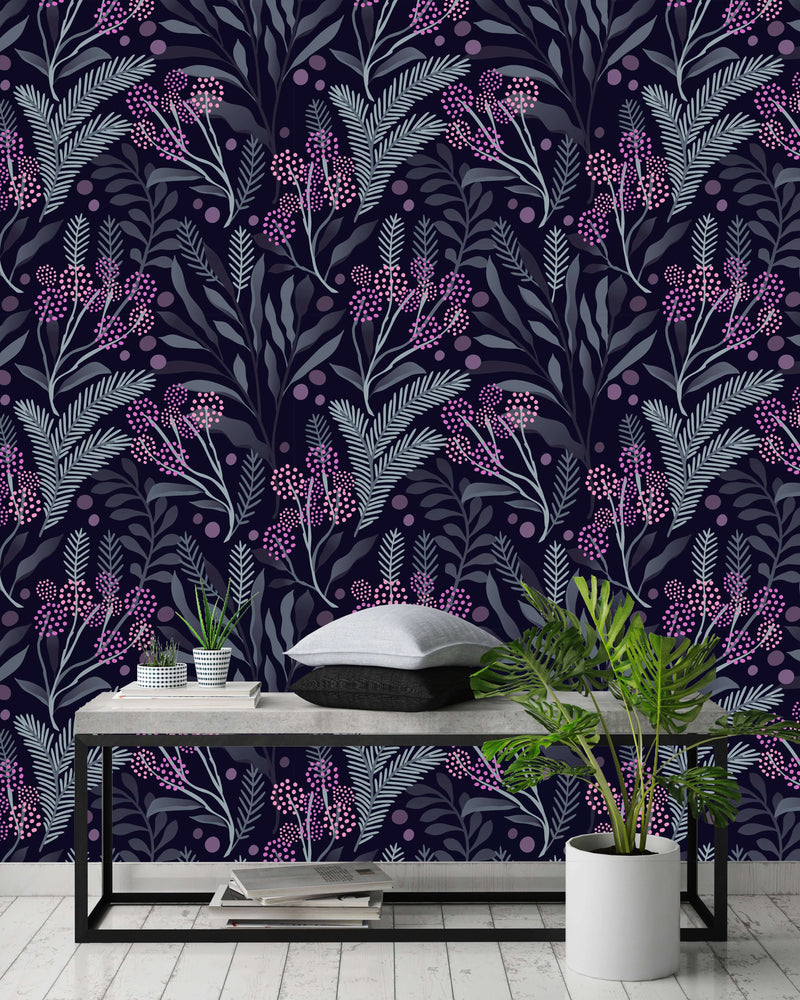 Dark Berries and Leaves Wallpaper
