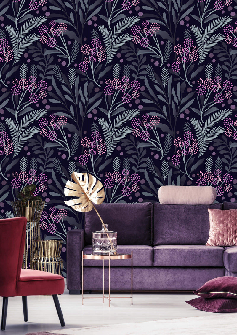Dark Berries and Leaves Wallpaper