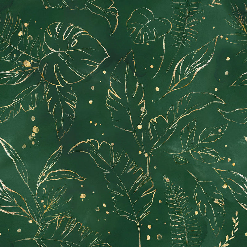 Green Wallpaper with Gold Contours of Leaves