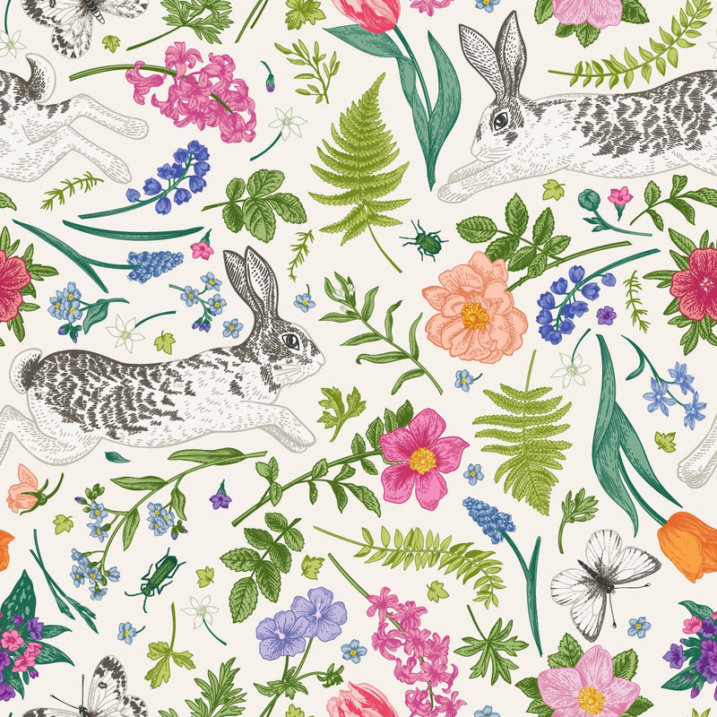 Elegant Hares between Flowers Wallpaper