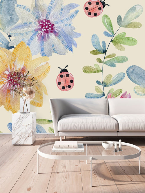 Floral Wallpaper with Ladybugs Pattern