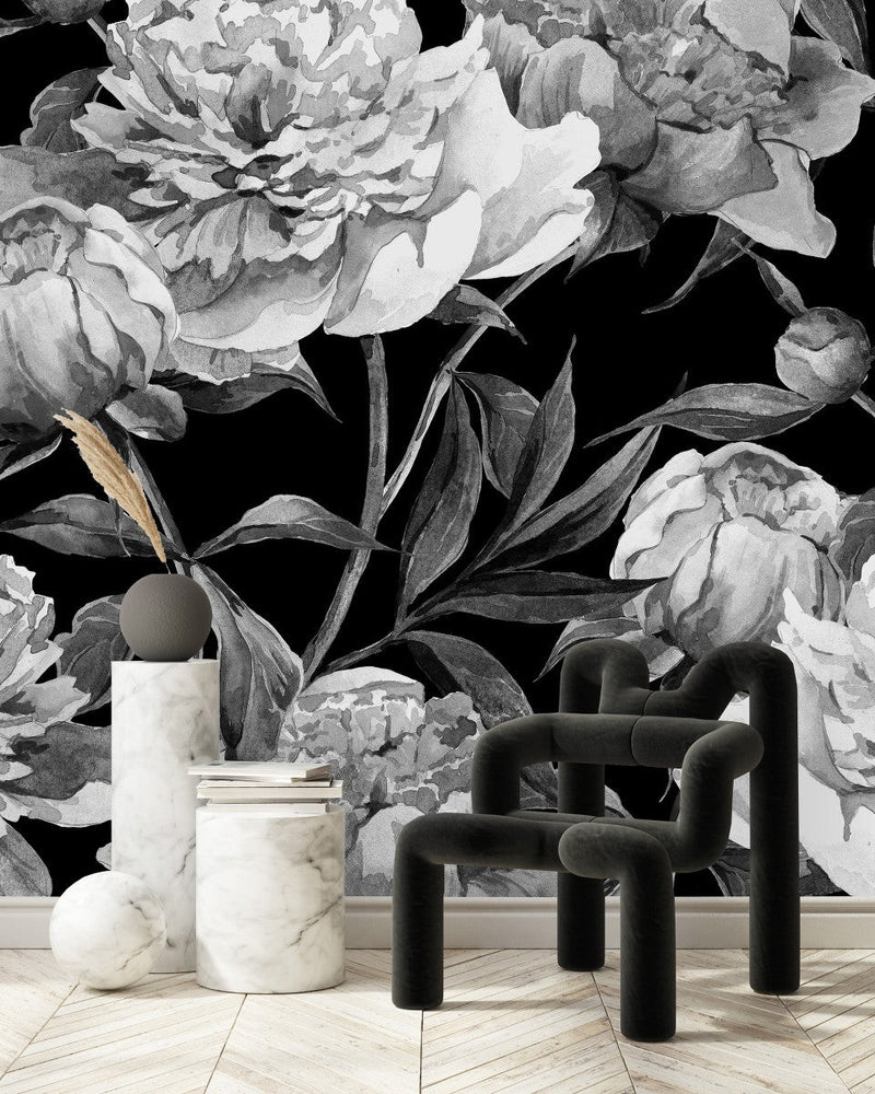 Black and White Peonies Wallpaper