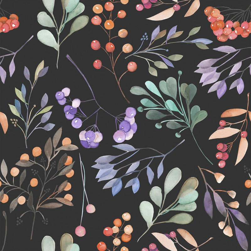 Dark Wallpaper with Berries and Leaves