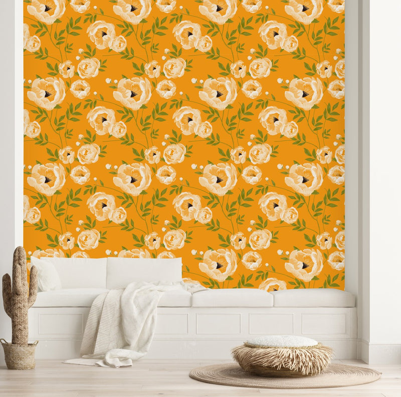 Contemporary Orange Floral Wallpaper Vogue Quality