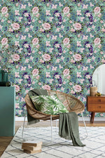 Pink Roses on Green Wallpaper