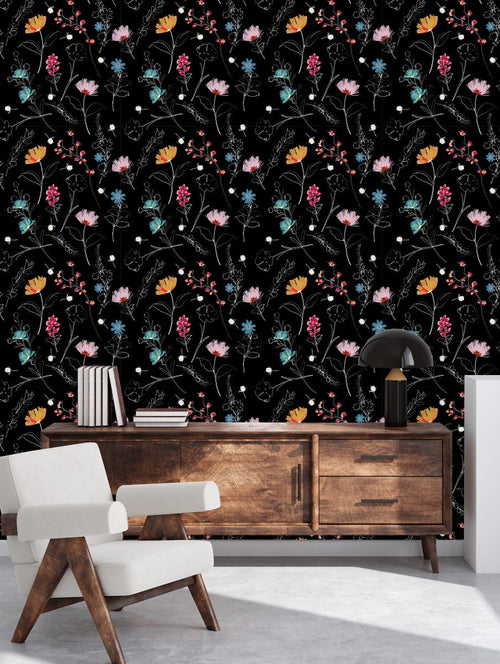 Black Wallpaper with Contour of Flowers