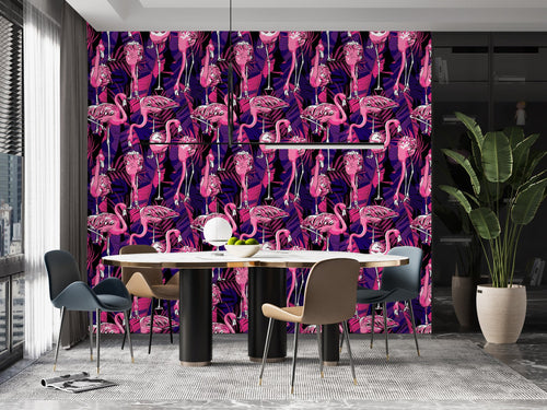Purple Leaves and Pink Flamingos Wallpaper