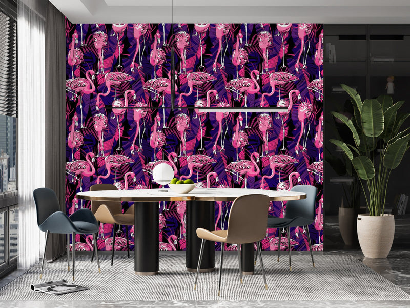 Purple Leaves and Pink Flamingos Wallpaper