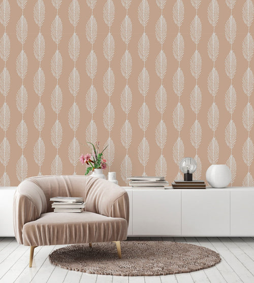 Beige Wallpaper with Leaves Contour