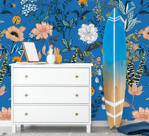Blue Wallpaper with Flowers and Ladybugs