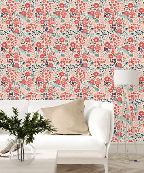 Contemporary Red Floral Wallpaper Smart
