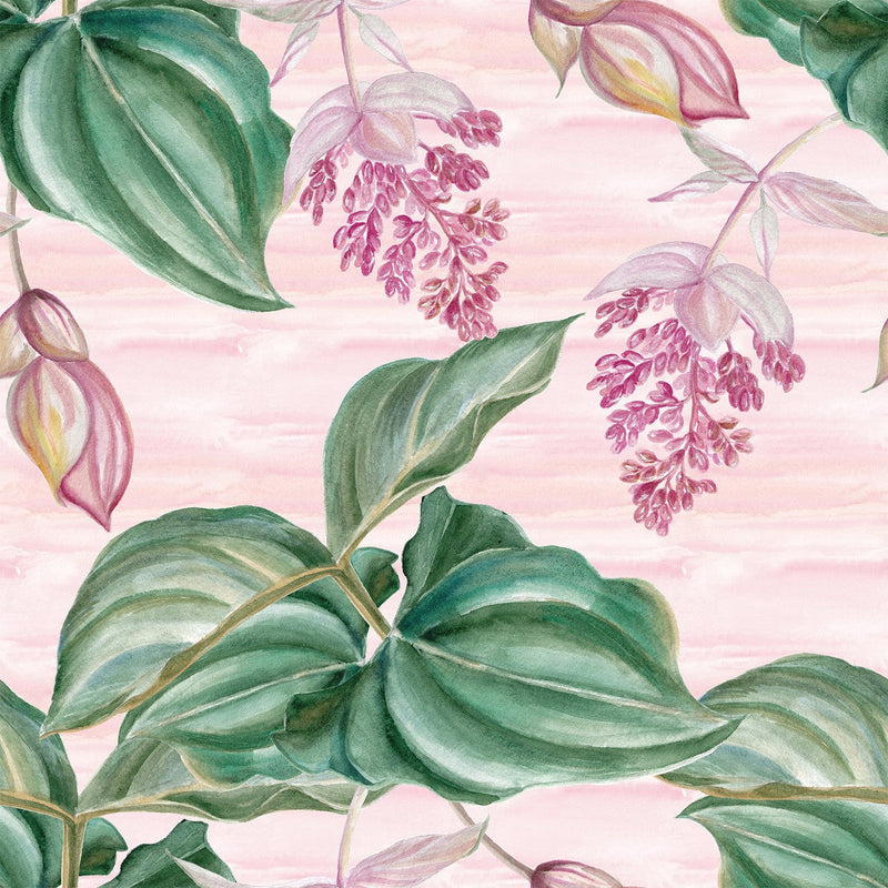 Pink Wallpaper with Leaves and Flowers
