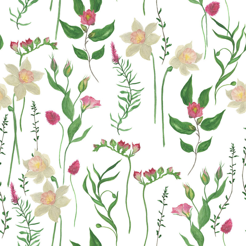 Contemporary White Wallpaper with Meadow Flowers Chic