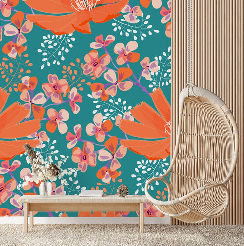 Contemporary Orange Flowers Modern Wallpaper