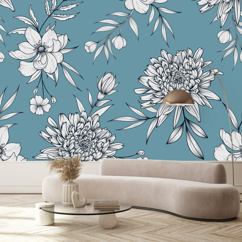 Blue Wallpaper with Asters