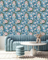 Stylish Pink Roses on Blue Wallpaper Chic
