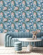 Stylish Pink Roses on Blue Wallpaper Chic