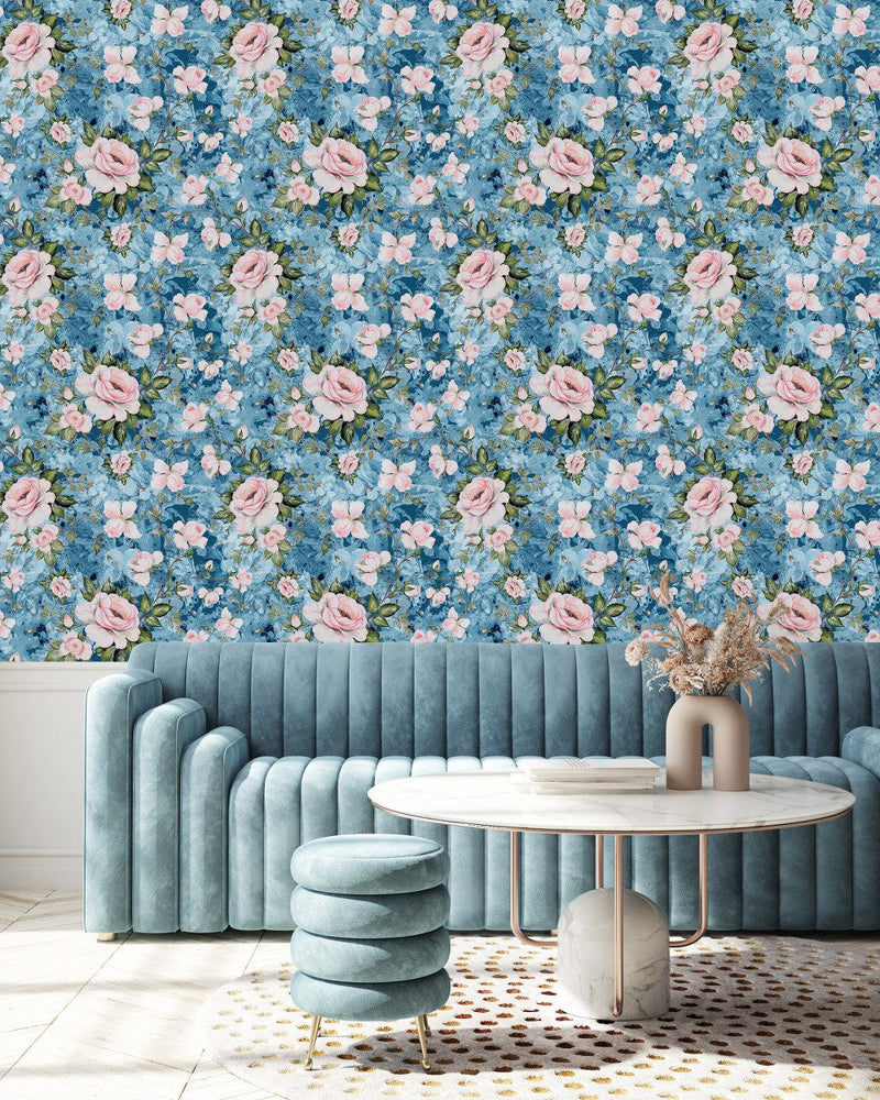 Stylish Pink Roses on Blue Wallpaper Chic