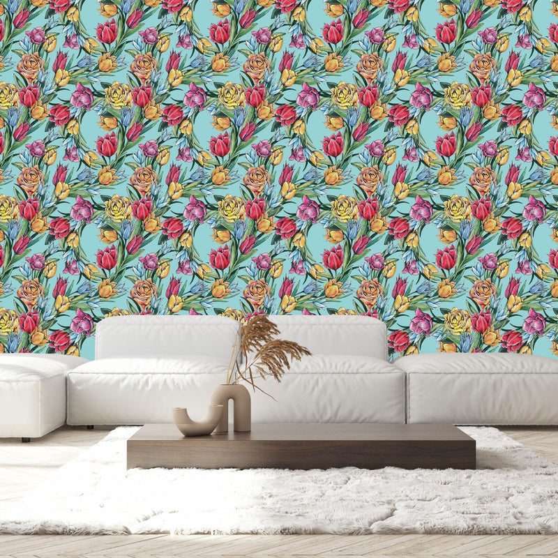 Blue Wallpaper with Tulips
