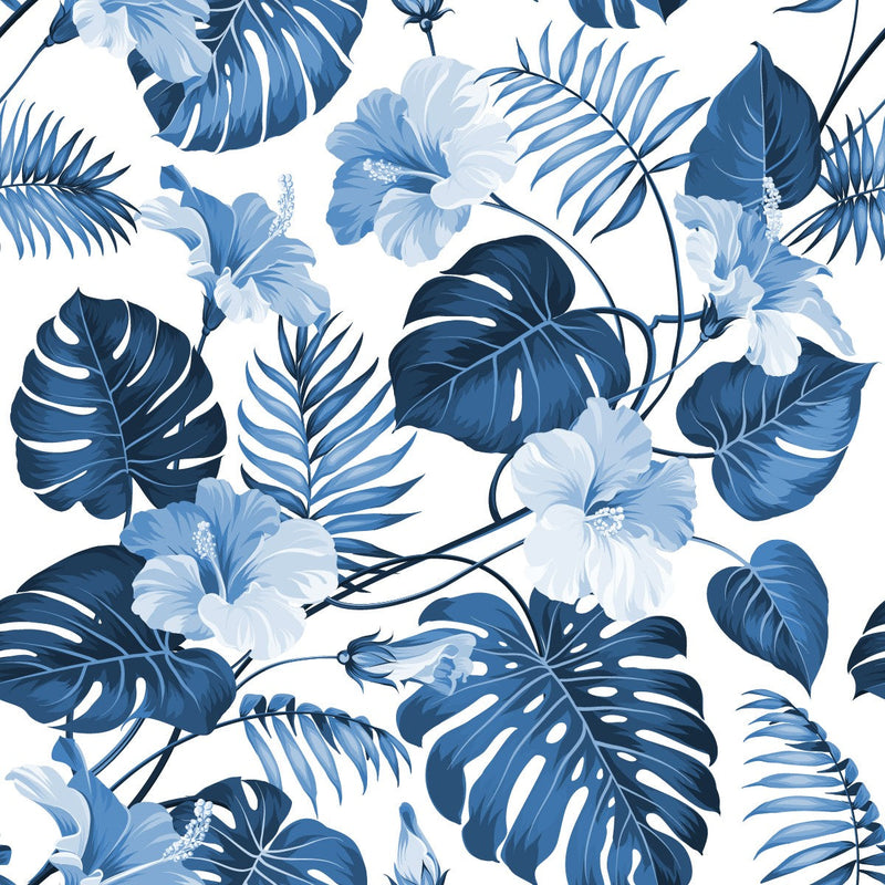 Blue Exotic Leaves and Flowers Wallpaper