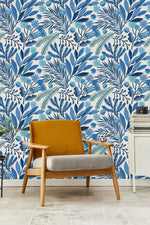 Blue Leaves on White Background Wallpaper