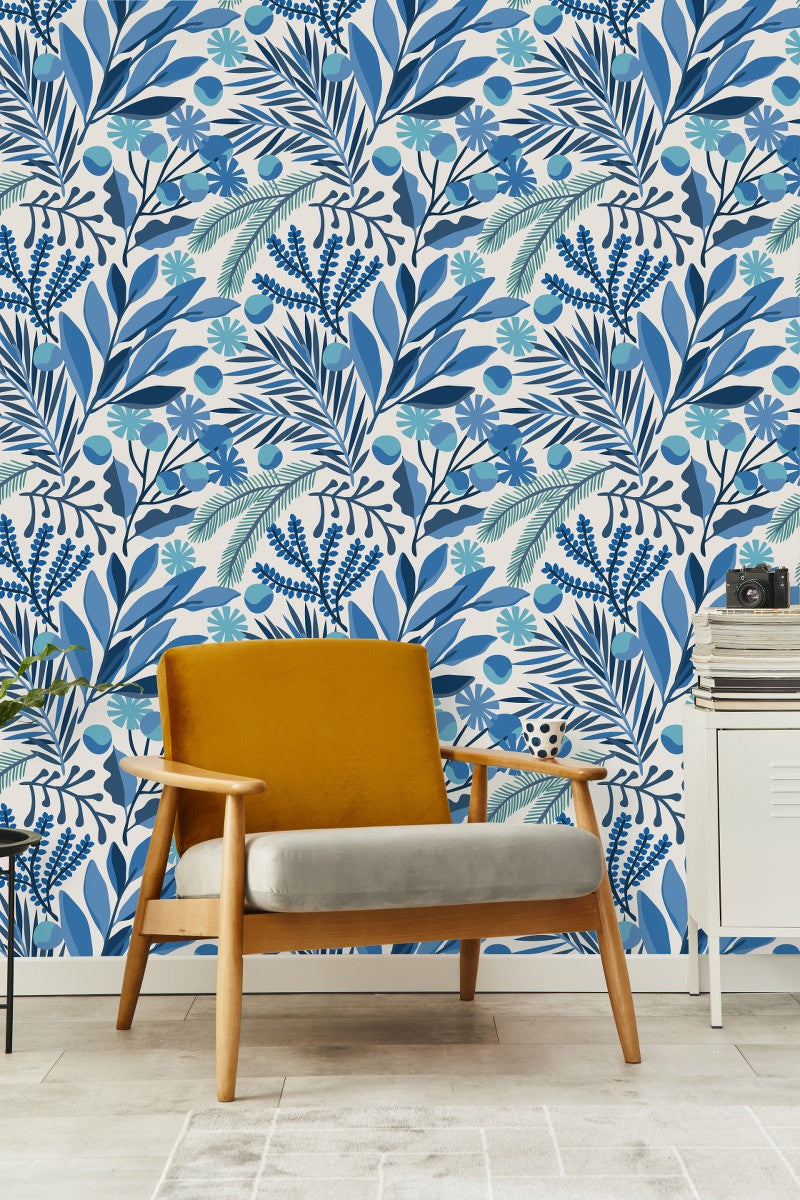 Blue Leaves on White Background Wallpaper