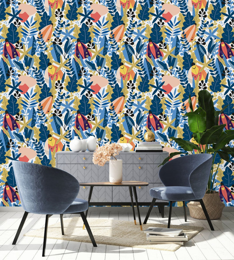 Moth and Blue Leaves Wallpaper