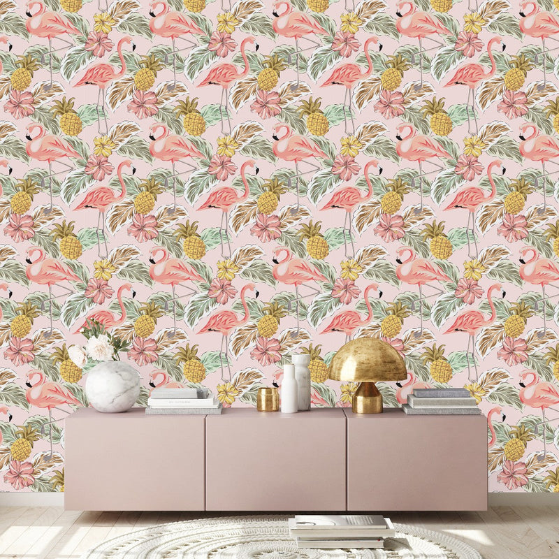 Pink Wallpaper with Pink Flamingos