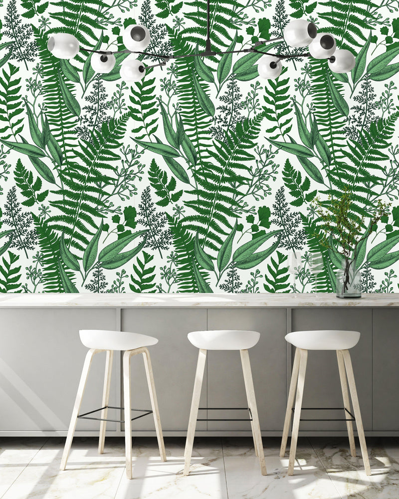 Ferns Leaves on White Wallpaper