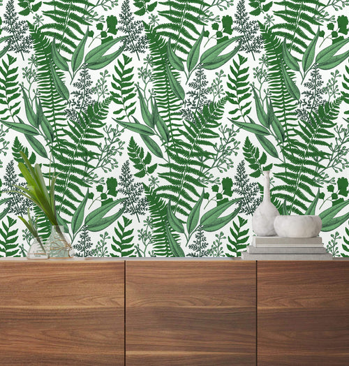 Ferns Leaves on White Wallpaper