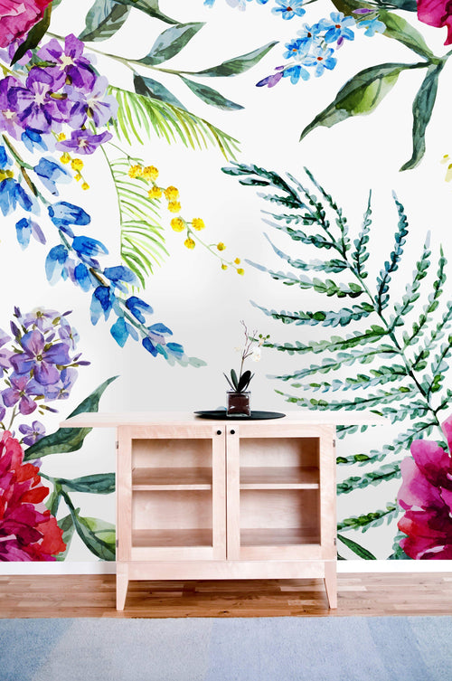 Floral Mix on White Background Wallpaper Mural
