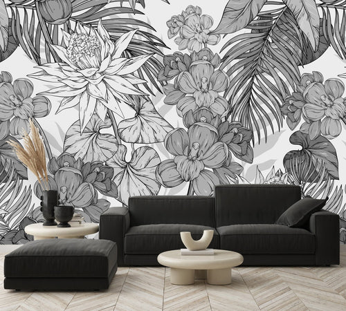 Black and White Exotic Flowers Wallpaper
