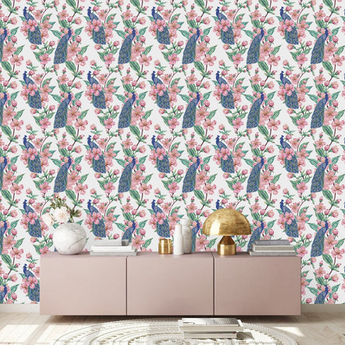 Peacocks with Pink Flowers Wallpaper