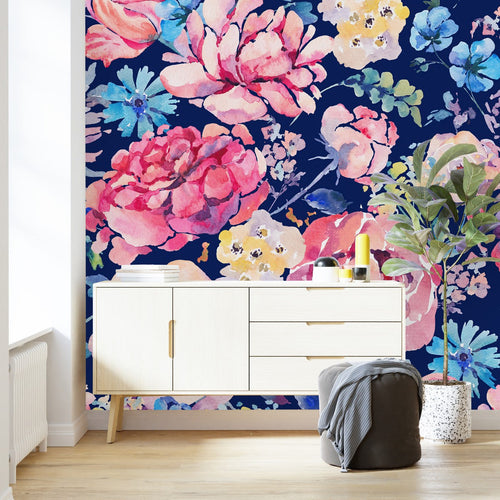 Pink and Dark Blue Flowers Wallpaper