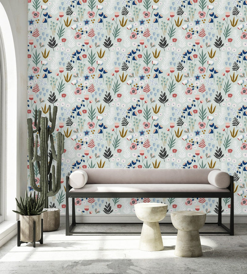 Botanical Leaves and Flowers Wallpaper