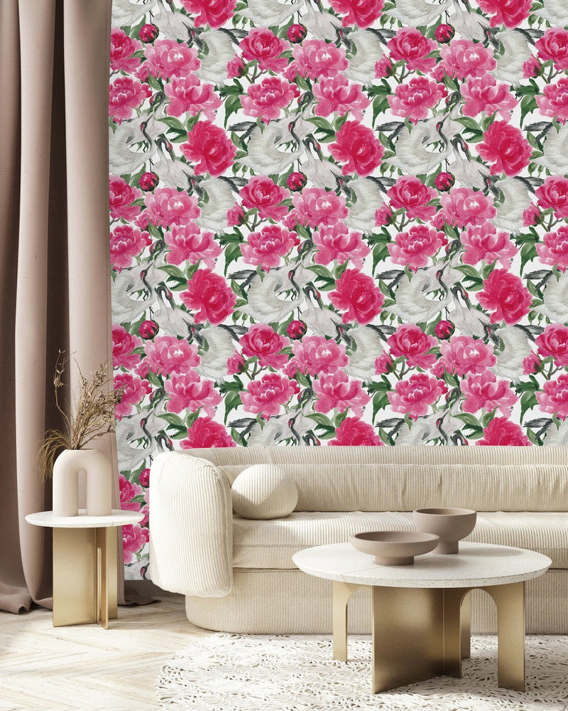 Cranes and Pink Peonies Wallpaper