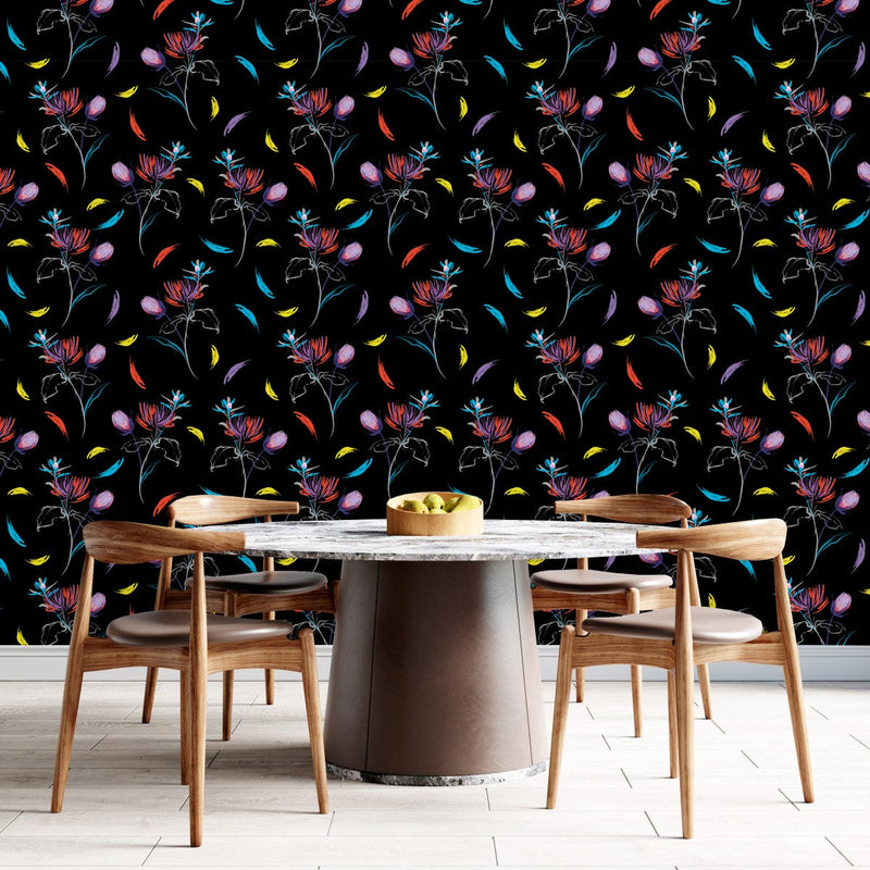 Fashionable Black Wallpaper with Flowers