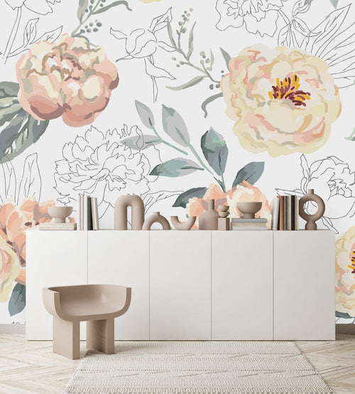 White Wallpaper with Beige Flowers