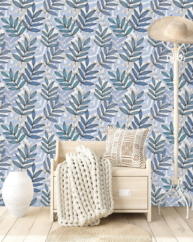 Stylish Blue Leaves Wallpaper Chic