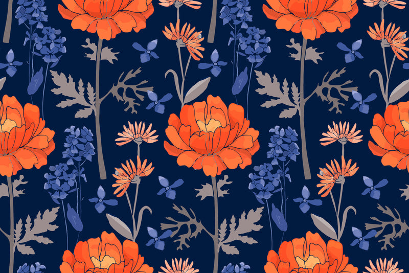 Orange Flowers on Dark Blue Wallpaper