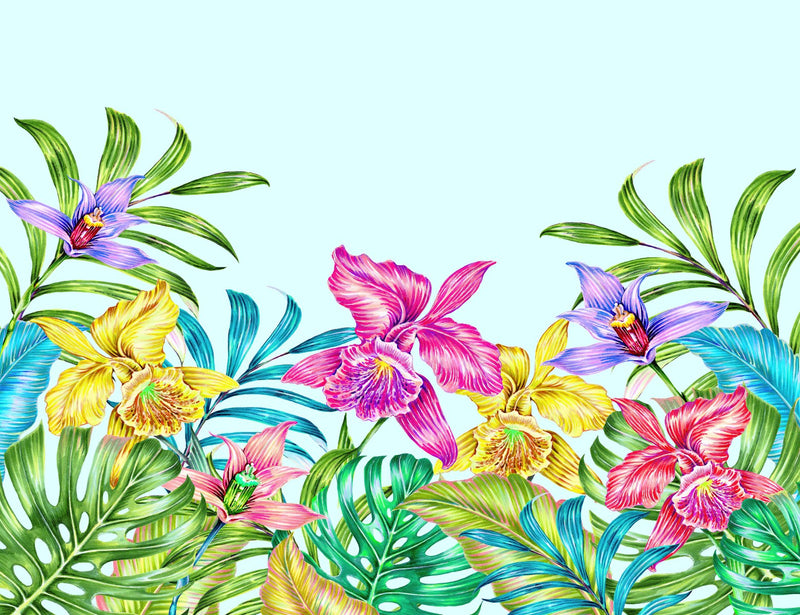 Brightly Exotic Flowers and Leaves Wallpaper