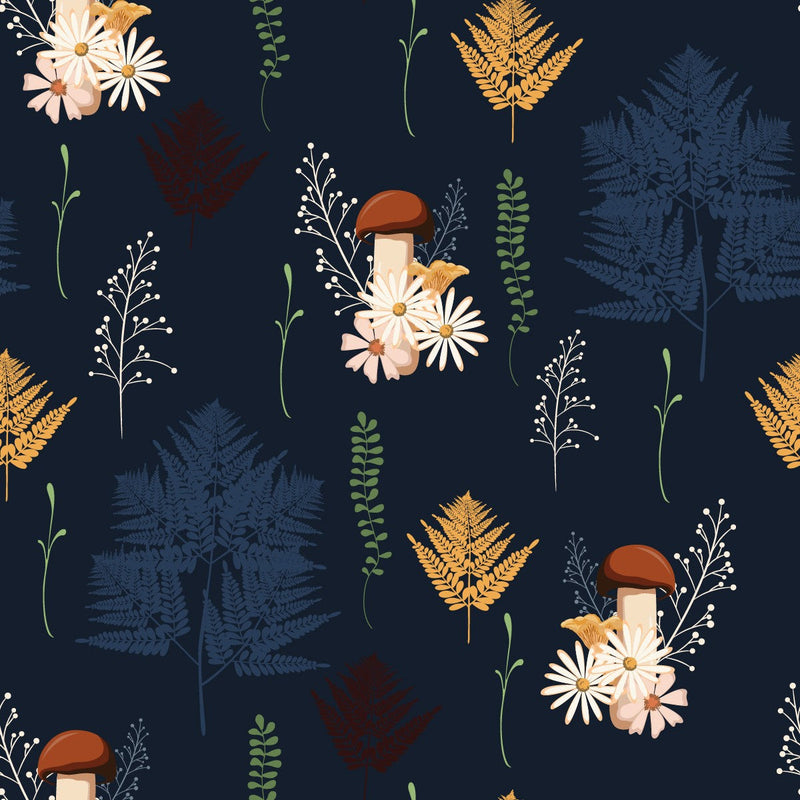 Dark Floral and Mushrooms Pattern Wallpaper