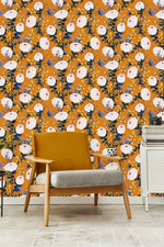 Orange Wallpaper with Pink Peonies