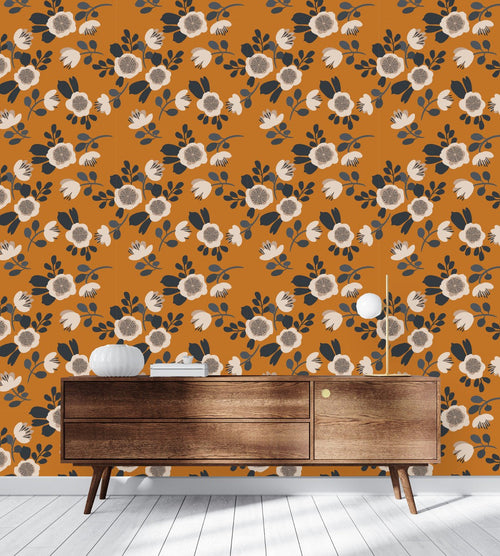 Orange Wallpaper with Floral Pattern