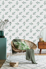 White Wallpaper with Berries and Leaves