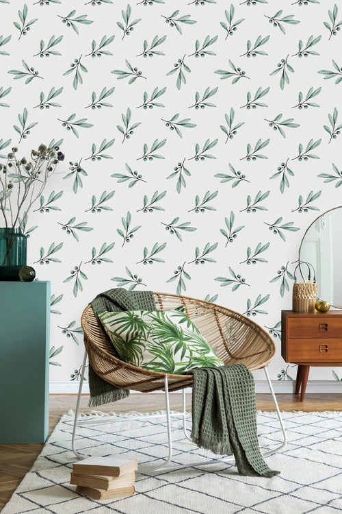 White Wallpaper with Berries and Leaves