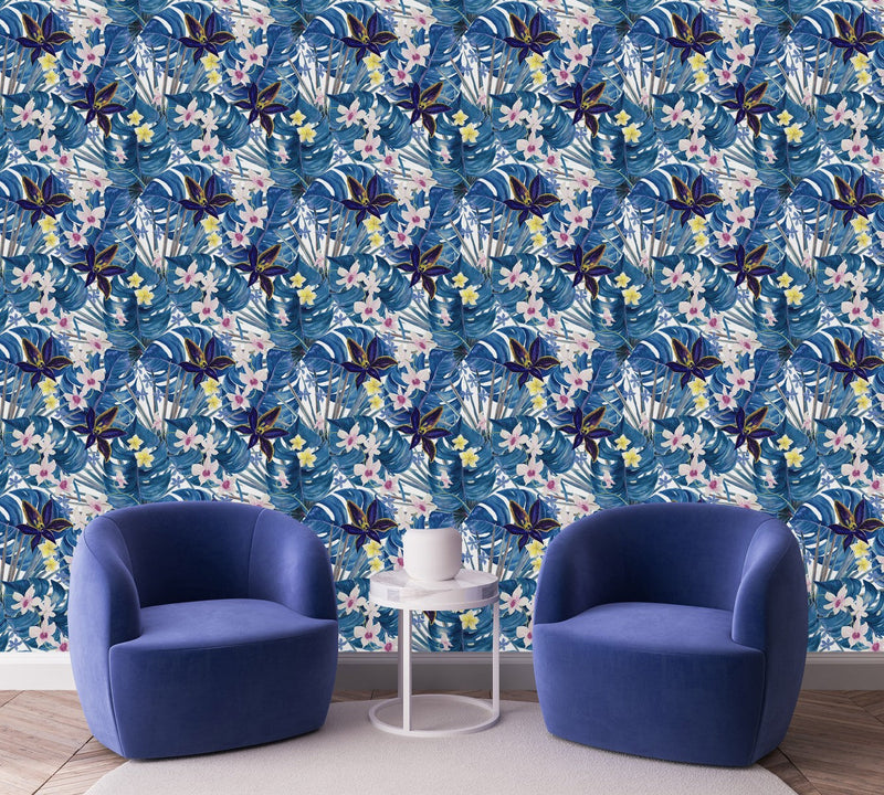 Blue Monstera Leaves Wallpaper