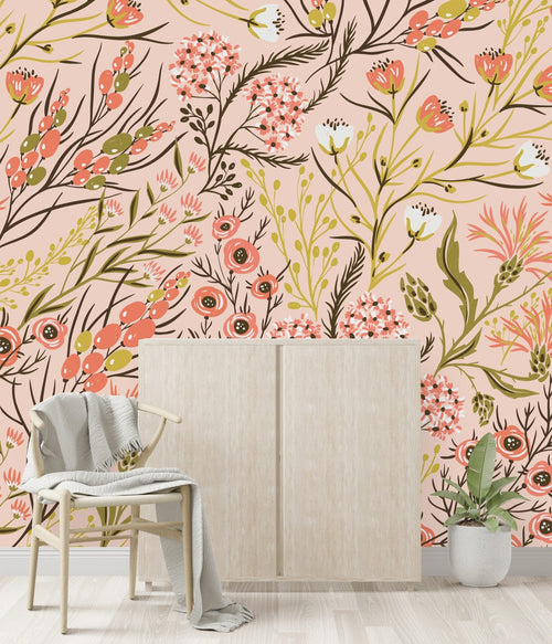 Beige Wallpaper with Wildflowers